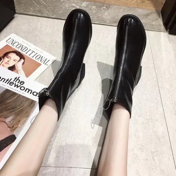 New Front Zipper Round Toe Chunky Heel All-match Mid-Cut Martin Boots - Picture 5 of 8